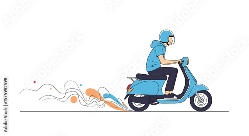 A Person Riding a Blue Scooter with a Trail of Colorful Abstract Shapes and Water Splashes Behind Them