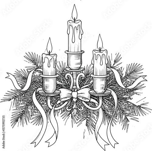 Vintage illustration of a three-branched candelabra with lit candles surrounded by pine branches and ribbons