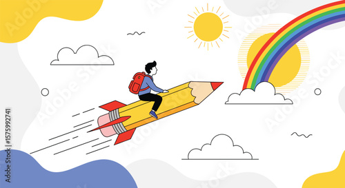 Creative Kid Riding a Giant Pencil Rocketship into a Colorful Rainbow Sky Adventure