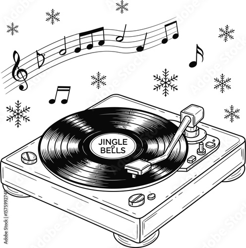 Vintage record player with jingle bells vinyl and musical notes surrounded by snowflakes vinyl record