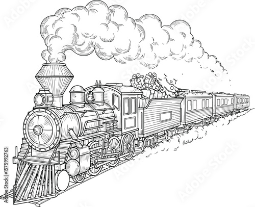 Vintage steam train carrying Christmas presents and a decorated tree locomotive vintage train