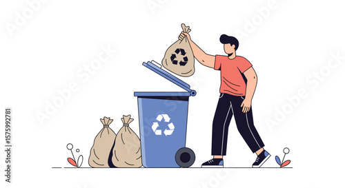 Man disposing of recyclable waste into a blue bin with bags of trash nearby promoting environmental responsibility and a cleaner planet