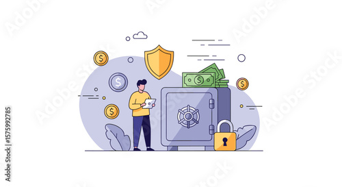 Financial security protecting assets with a safe and vault ensuring wealth preservation against theft and loss