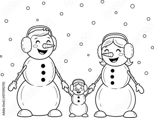 A happy snowman family with a father mother and child holding hands in the snow vector