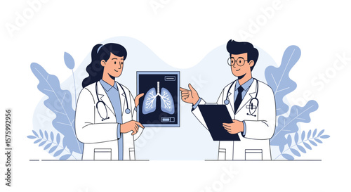 Two Doctors Examining a Chest X Ray Image of Lungs Discussing Medical Diagnosis and Treatment Plan Together
