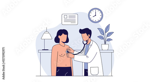 Doctor uses stethoscope to listen to a patient's chest during a medical examination in a clinic room with a clock and a plant
