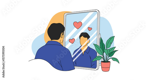 Illustration of a person looking in a mirror with a positive reflection showing self-love and acceptance with a plant in the background symbolizing growth and well-being