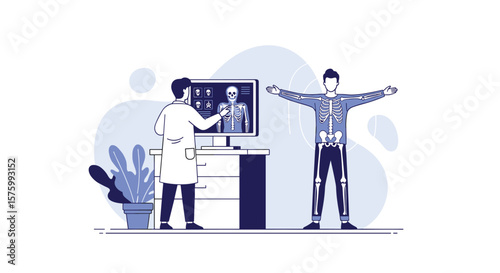 Medical Examination of Human Skeleton and Body Health Checkup by Doctor Illustrating Patient Anatomy Understanding Diagnosis