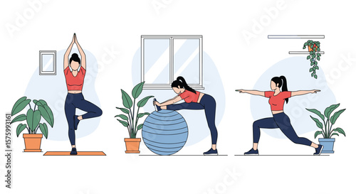 Young women practicing different yoga poses and exercises indoors with plants and natural light creating a serene atmosphere for wellness and fitness activities
