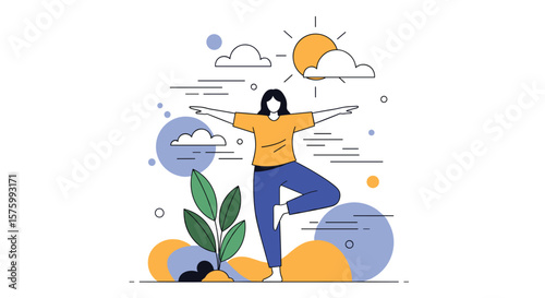 A Woman Practices Yoga Outdoors Under The Sun Surrounded By Plants And Clouds Promoting Health And Wellness