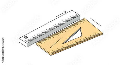 Measuring tools including a metal ruler and a wooden triangle ruler with measurement markings and a hole in the metal ruler for hanging