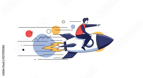 Businessman Riding A Rocket Into The Future Towards Success And Growth