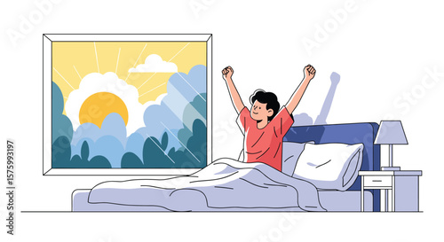 Person happily stretching arms upon waking up in bed with sunshine streaming through window on a bright morning