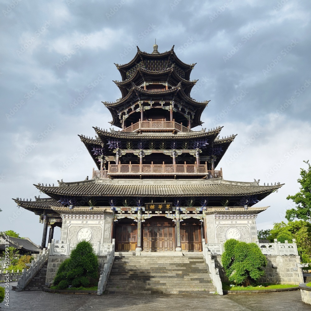 Fototapeta premium Dali Tianxi Garden: A Celestial Oasis of Tang Dynasty Grandeur, Dali city, Yunnan, China
