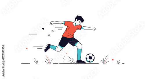 Dynamic Young Athlete Kicking a Soccer Ball with Great Energy and Skill on a Grassy Field