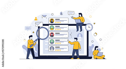 Talent acquisition specialists analyze candidate profiles and reviews on a digital platform for effective hiring decisions