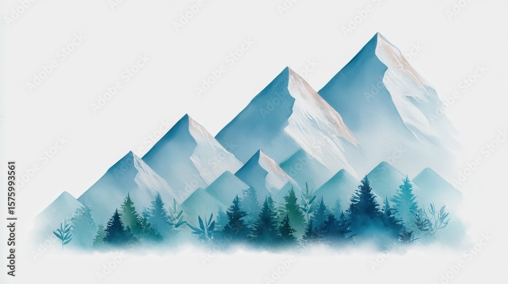 Fototapeta premium Global trade and inflation concept. Stylized illustration of three snow-capped mountains with a misty pine forest in the foreground, rendered in cool blue tones.