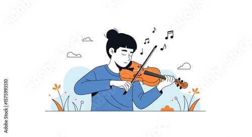 A young person with dark hair tied in a bun plays the violin with closed eyes in a park with flowers and clouds