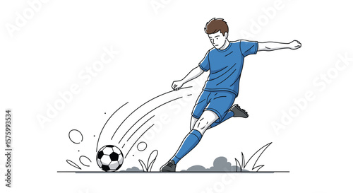 Dynamic illustration of a young athlete powerfully kicking a soccer ball during a competitive game with grass and dust effects in the background