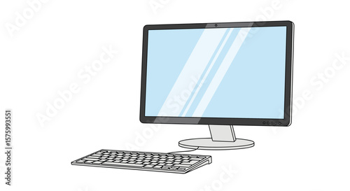 A simple hand-drawn illustration of a modern computer monitor with a keyboard in front of it displayed on a white background