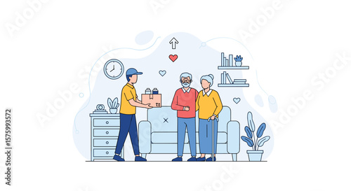 Delivery person brings parcel to elderly couple at home showing care and support services for seniors