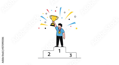A Victorious Champion Celebrates Winning First Place on a Podium Holding a Golden Trophy with Confetti Bursting Above