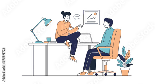 Two people collaborate on a project in a modern office setting discussing business strategy and development growth with a laptop on the desk and charts on the wall showing upward trends