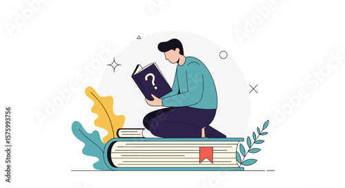 Curious individual engrossed in reading a book seeking knowledge and understanding surrounded by nature elements and abstract shapes representing thought and learning