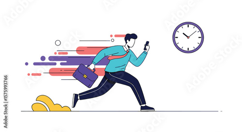 Busy businessman running fast while checking his smartphone with a clock indicating he is running late for an important meeting