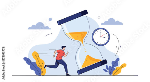 Man racing against giant hourglass with sand falling and clock in the background illustrating time management concept
