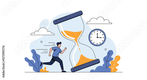 Man Running Against Time Against Massive Hourglass and Clock Illustration Represents Urgency And Deadlines