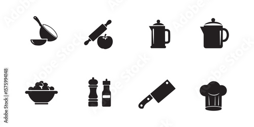 Black Kitchen Utensil and Food Icon Set Silhouette