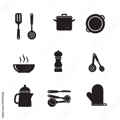 Black Kitchen Utensil and Cookware Silhouette Icon Set