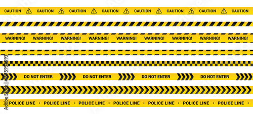 Caution tape set of yellow warning ribbons isolated on white background. Abstract warning lines for police, accident, under construction. Vector illustration of danger tape collection.