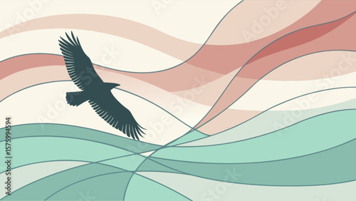 Eagle flying over abstract pastel waves vector art design graphic illustration background image stock photo