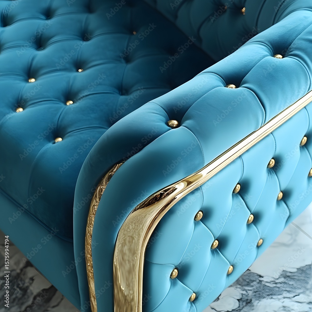 Obraz premium Luxury Teal Velvet Sofa with Gold Accents Button Tufted Detail