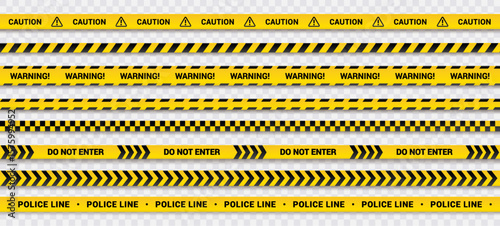 Caution tape set of yellow warning ribbons isolated on transparent bg. Abstract warning lines for police, accident, under construction. Vector illustration of danger tape collection.