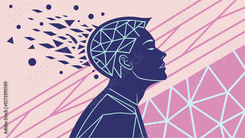 Abstract brain mind concept of human head with geometric shapes for mental health and psychology art