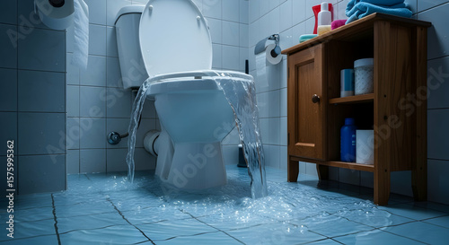 Extensive water damage from overflowing toilet in bathroom. Home plumbing emergency and flood.