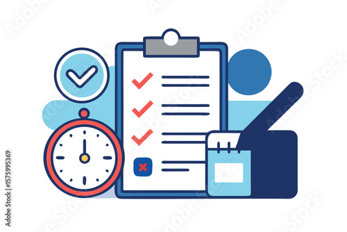 Checklist with checkmarks and a clock representing time management and task completion