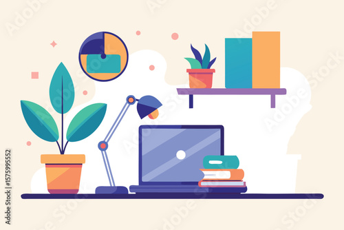Modern flat design illustration of a desk with laptop plants and books