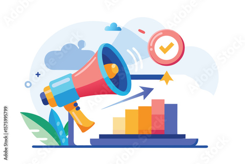 Megaphone announcing successful growth and positive results with checkmark icon