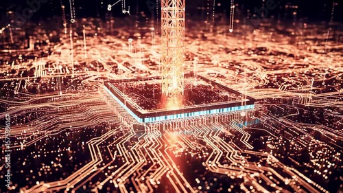 Futuristic depiction of a digital circuit board with a towering communication tower surrounded by glowing data streams