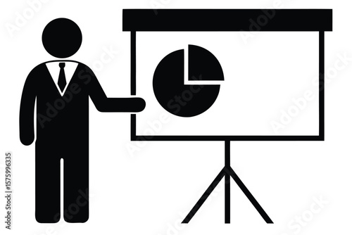 Businessman in suit presenting pie chart on flip chart during meeting