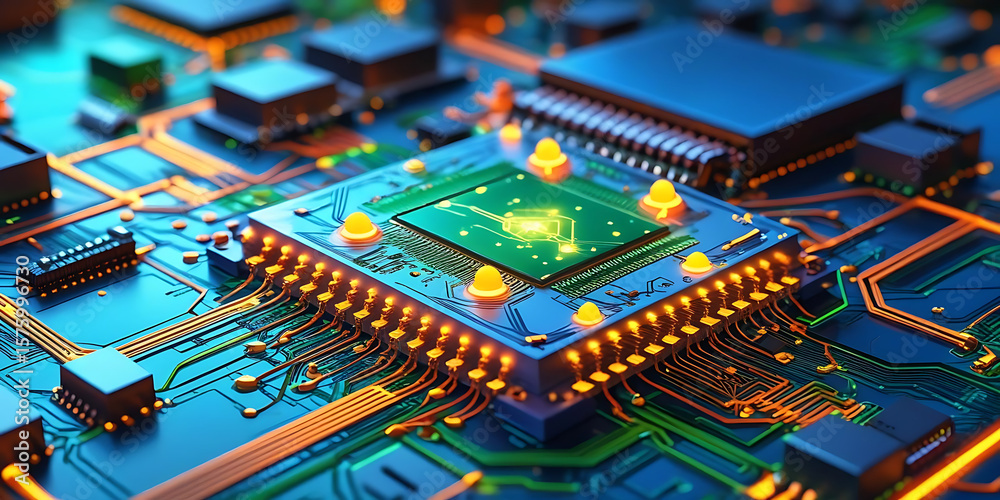 Obraz premium Futuristic High-Tech Circuit Board with Intricate Gold Connections
