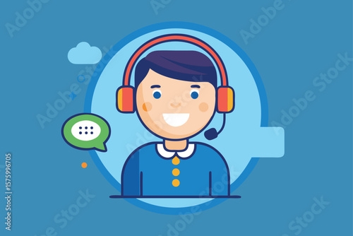 Friendly customer service representative with headset and speech bubble icon