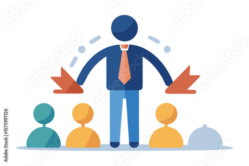 Leader directing team members with arrows and abstract shapes