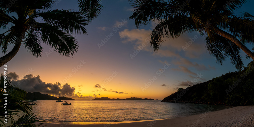 Fototapeta premium Palm tree and sailing boats at sunset in Praslin island, Seychelles panorama