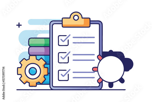 Checklist with gear and books representing project management and planning