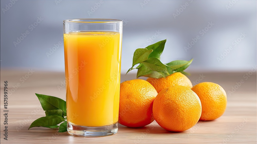 Fresh Orange Juice in a Clear Glass with Juicy Oranges and Green Leaves on a Wooden Surface Fresh Orange Juice in a Clear Glass with Juicy Oranges and Green Leaves on a Wooden Surface